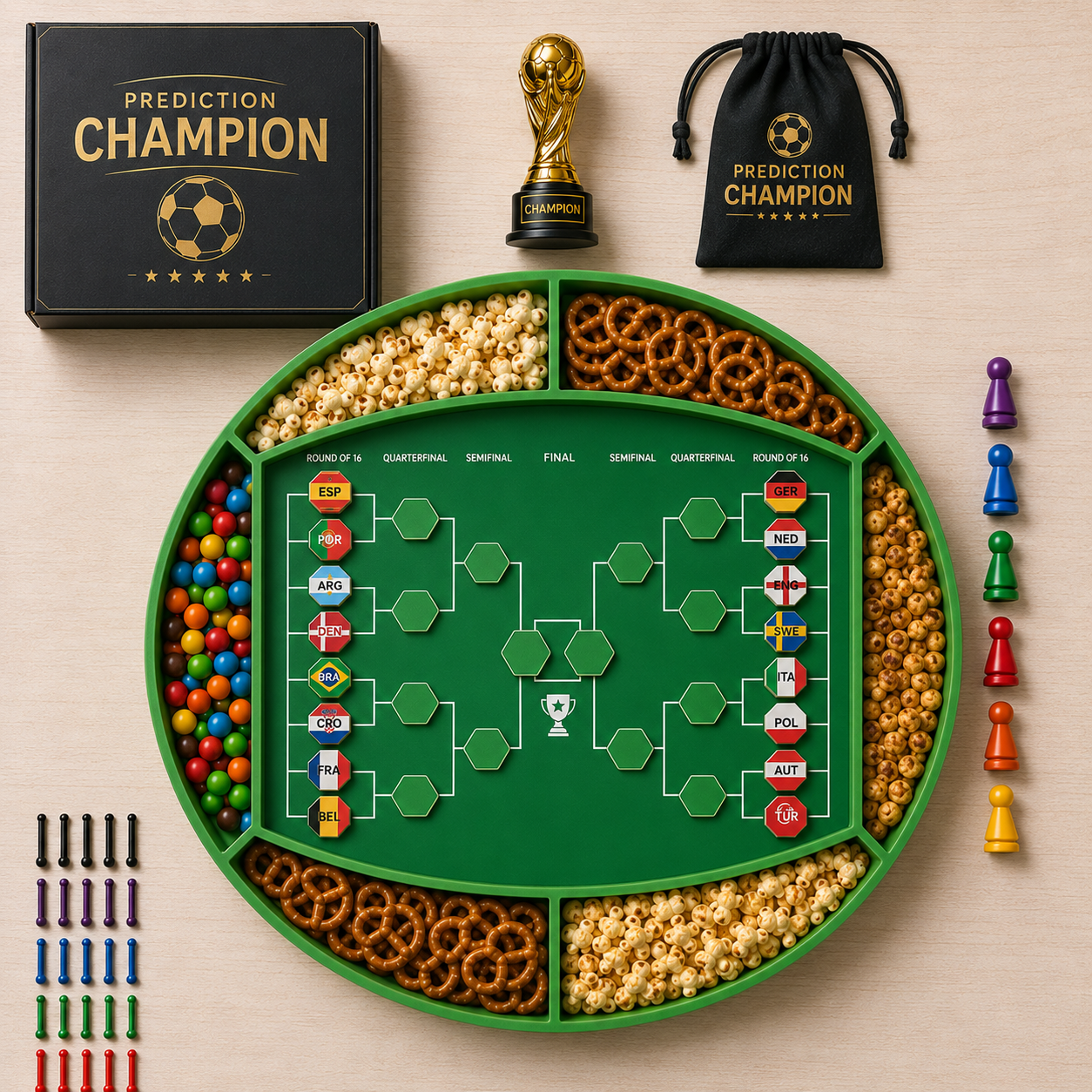 Tippspiel Turnierbaum Spielfeld Fußball-Weltmeisterschaft 2026 mit WM Pokal