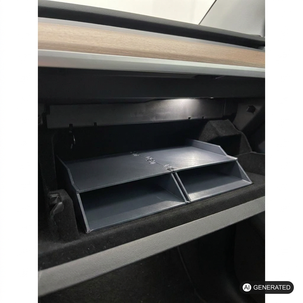 Handschuhfach-Organizer passend für Tesla Model 3 – im eingebauten Zustand, 3D-gedruckt von Parture