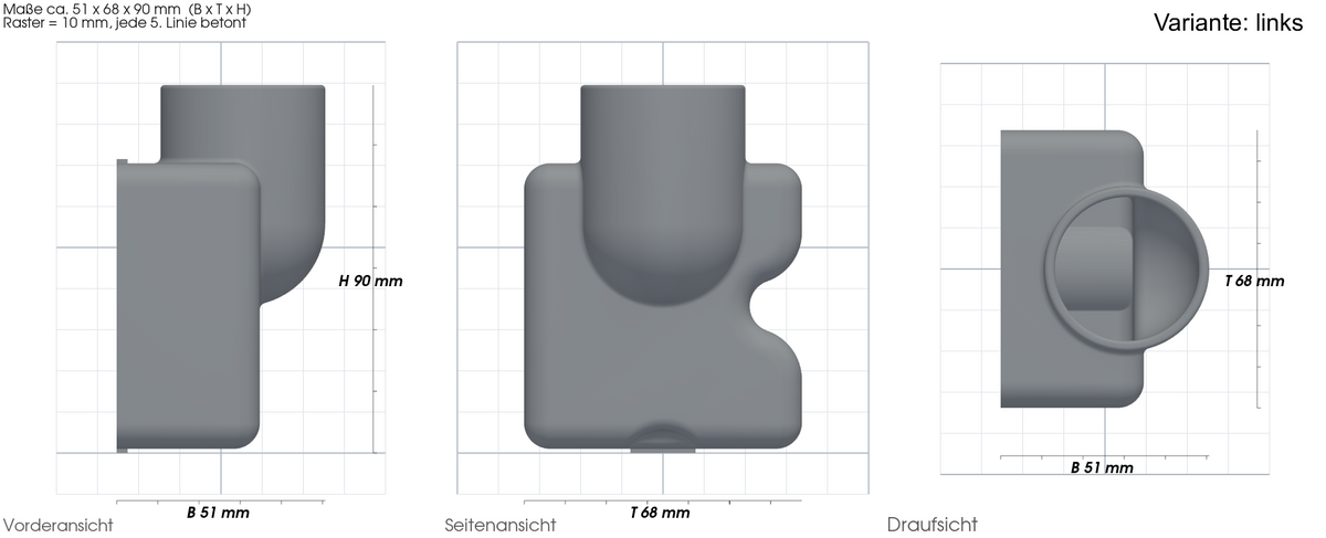 Absaugadapter passend für Festool auf Kreg – mit Maßangaben, 3D-gedruckt von Parture – Variante links