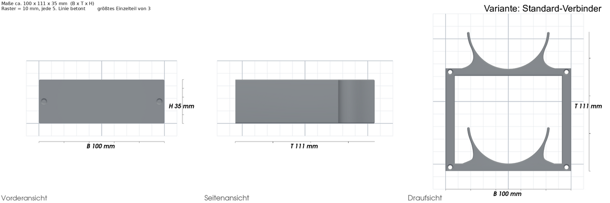 Flaschenhalter passend für 4x Sodastream Gasflasche – mit Maßangaben, 3D-gedruckt von Parture – Variante Standard-Verbinder