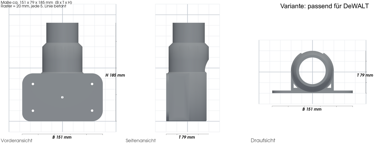 Regalhalterung passend für DeWalt und Makita Akkubohrer – mit Maßangaben, 3D-gedruckt von Parture – Variante passend für DeWA