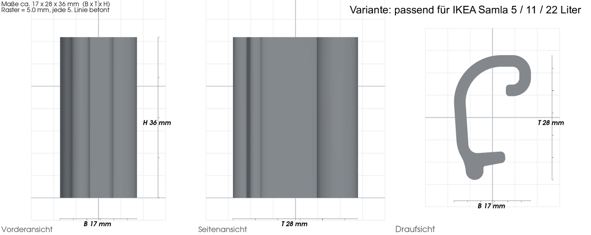 Verschlussclip passend für IKEA Samla – mit Maßangaben, 3D-gedruckt von Parture – Variante passend für IKEA Samla 5 / 11 / 22