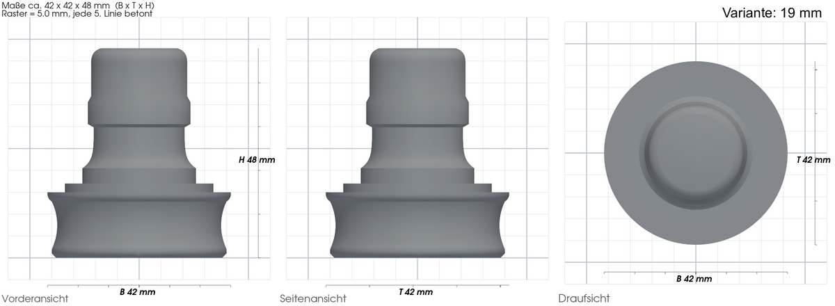 Winterstopfen passend für Gardena Schläuche – mit Maßangaben, 3D-gedruckt von Parture – Variante 19 mm