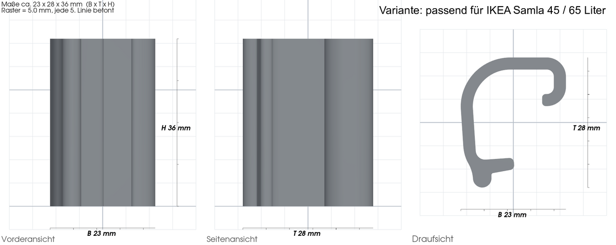 Verschlussclip passend für IKEA Samla – mit Maßangaben, 3D-gedruckt von Parture – Variante passend für IKEA Samla 45 / 65 Lit