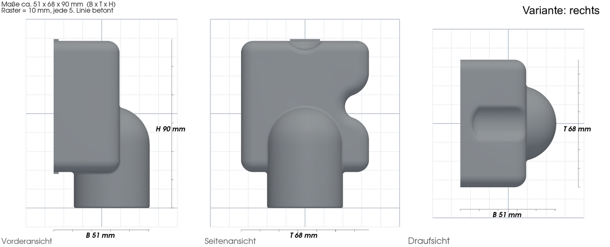 Absaugadapter passend für Festool auf Kreg – mit Maßangaben, 3D-gedruckt von Parture – Variante rechts