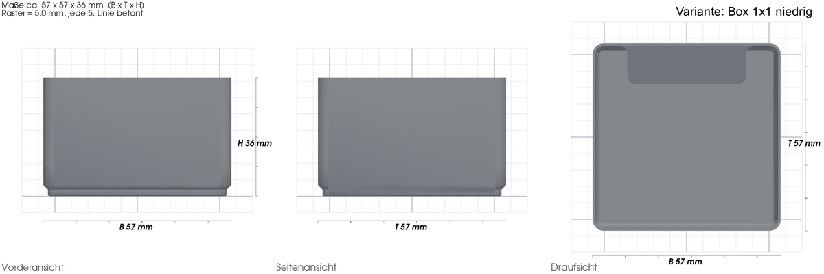 Aufbewahrungsbox passend für IKEA Helmer – mit Maßangaben, 3D-gedruckt von Parture – Variante Box 1x1 niedrig