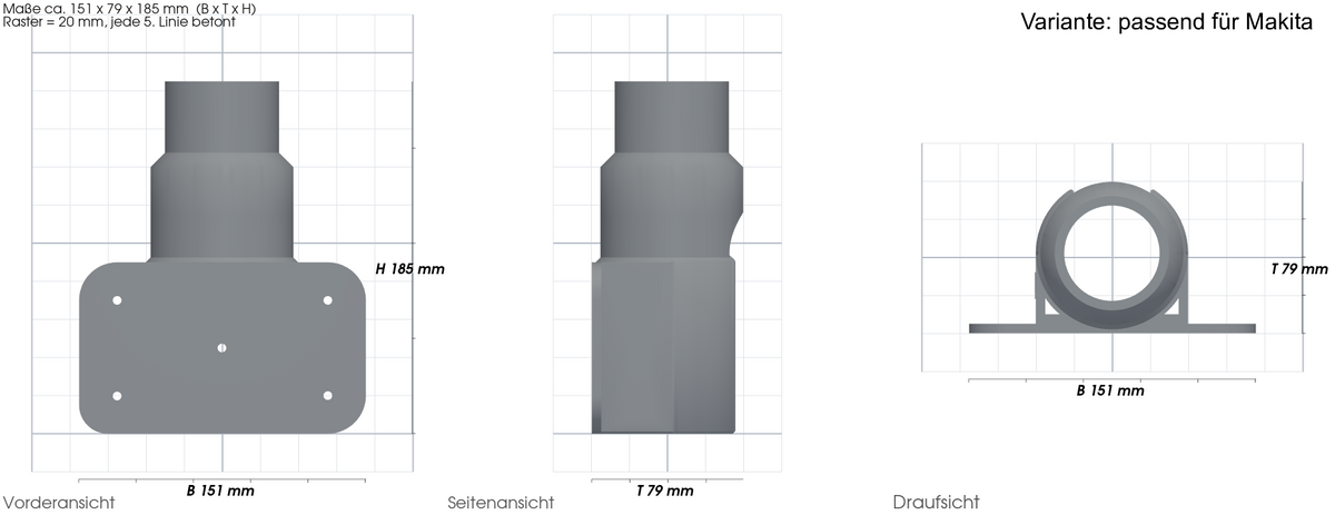 Regalhalterung passend für DeWalt und Makita Akkubohrer – mit Maßangaben, 3D-gedruckt von Parture – Variante passend für Maki